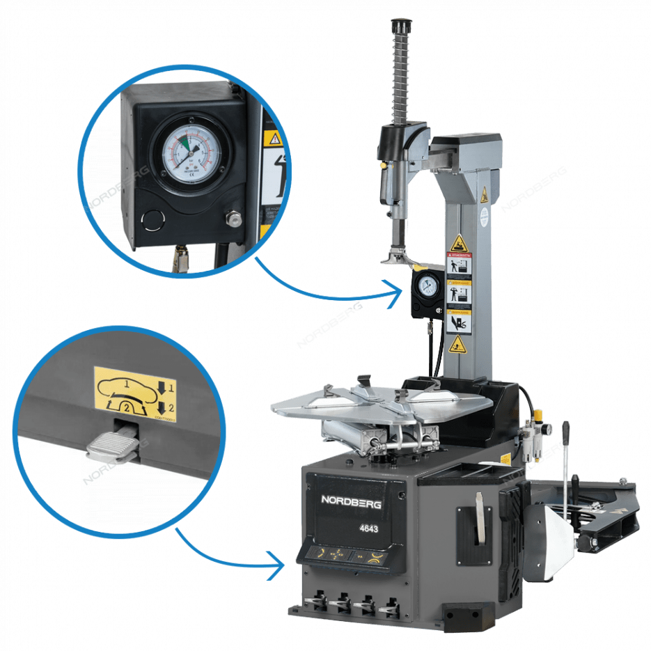Автоматический шиномонтажный станок NORDBERG 4643 с подкачкой педалью, 2 скорости, зажимы 16-30&quot;, 380 В (Серый)